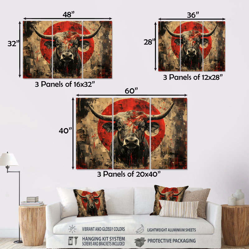 Taureau rouge «Astrology Bulls Courage» - ensemble d'art mural bovins, H 28 po x l 36 po, Sans cadre