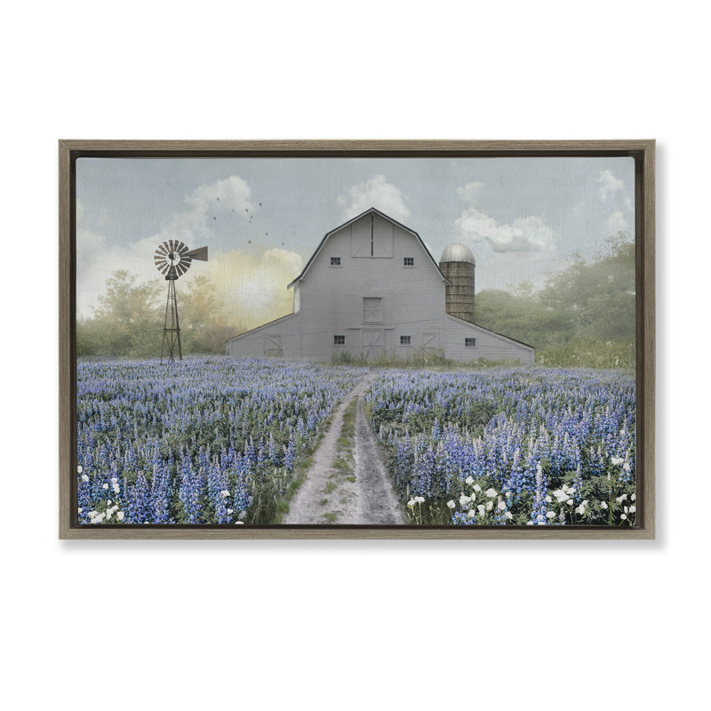 Cadre flottant Meadow of Blue Flowers & Barn, H 17 po x l 25 po, Montalcino orme flottant encadré