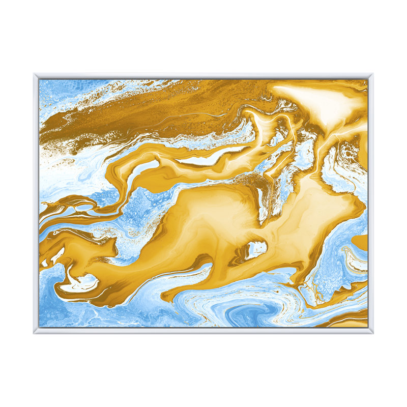 Vagues de marbre bleues et dorées - Peinture sur toile, H 24 po x l 32 po x P 1 po, Cadre flottant blanc
