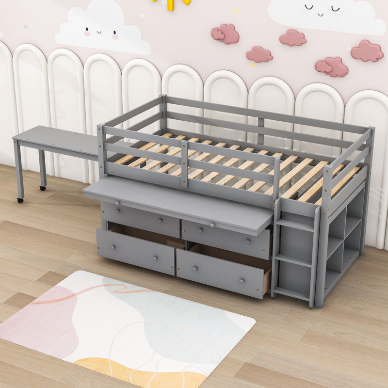 Lit mezzanine en bois avec tiroir rétractable Jahdir, Simple, gris