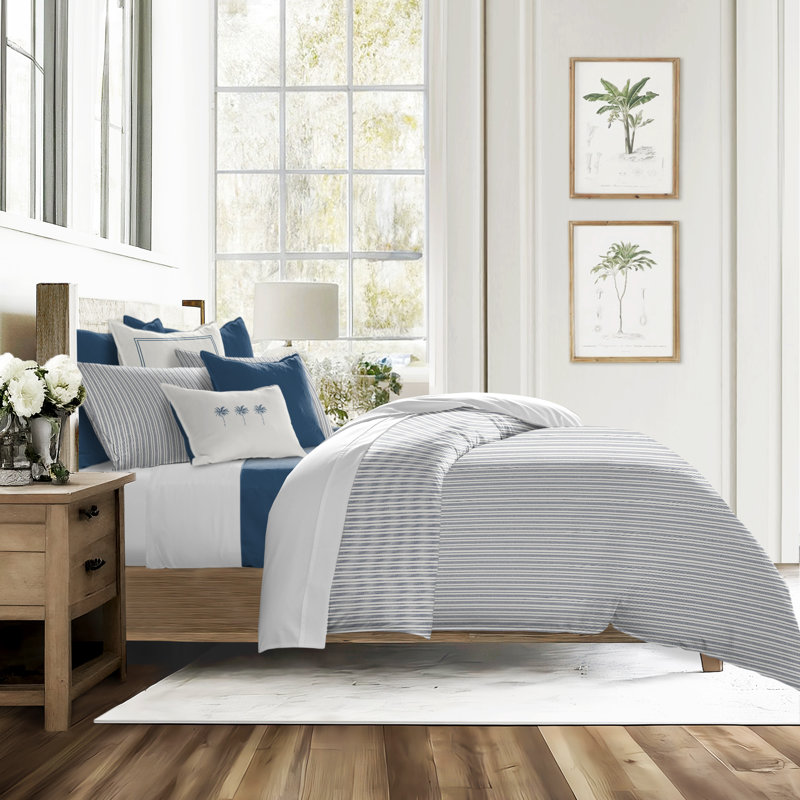 Pacific Stripe Reversible Cotton Duvet Cover Set, Queen Duvet Cover + 2 Queen Shams, Denim