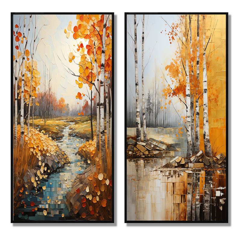 «Birch Woods Autumn Tapisserie», 2 pièces, Cadre noir, H 40 po x l 40 po