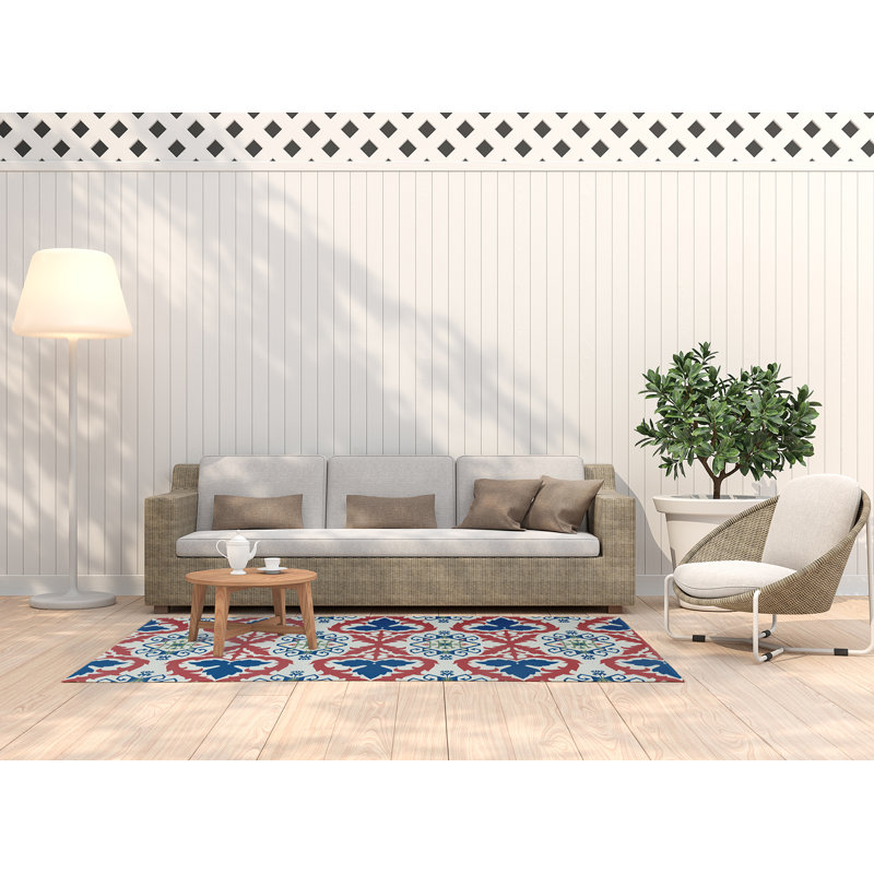 Tapis tissé à la machine en chenille bleu / rouge Melchior Ikat, Rectangle 3 pi x 5 pi
