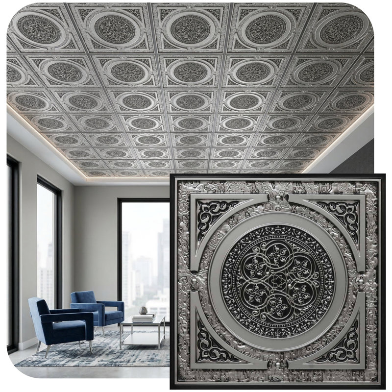 Steampunk Drop-In Or Glue-Up PVC Ceiling Tile, 24" L x 24" W, Antique Silver
