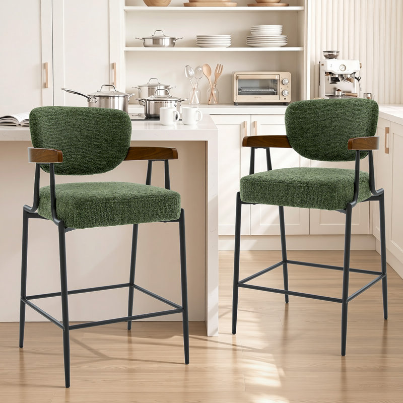 Tabouret de bar enveloppant en noyer avec siège rembourré, Vert