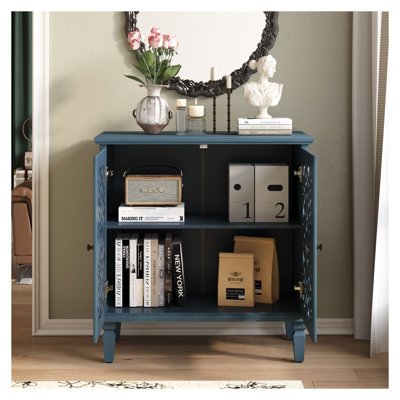 Armoire d'appoint vintage à creux sculpté, armoire de rangement bleue antique à 2 portes avec motif floral symétrique, tablette réglable et pieds en bois massif pour le vestibule du salon