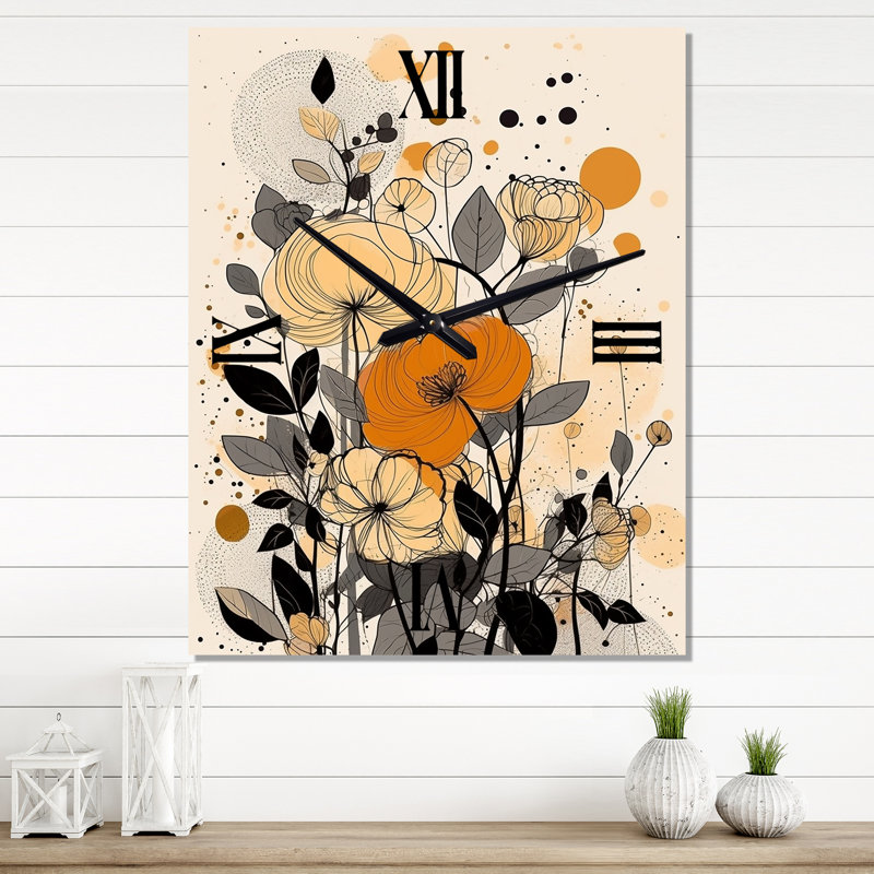 Horloge murale rétro avec fleurs sauvages en terre cuite rétro Illustration III, H 32 po x l 24 po x P 1 po