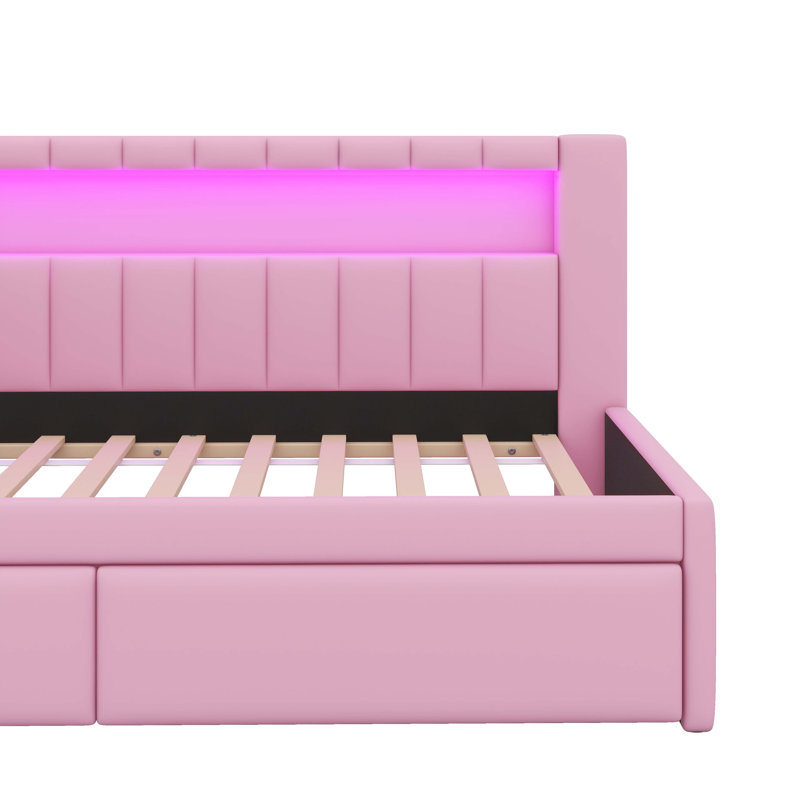 Lit plateforme entièrement rembourré avec connectivité USB, éclairage d'appoint à DEL et tiroirs, Rose