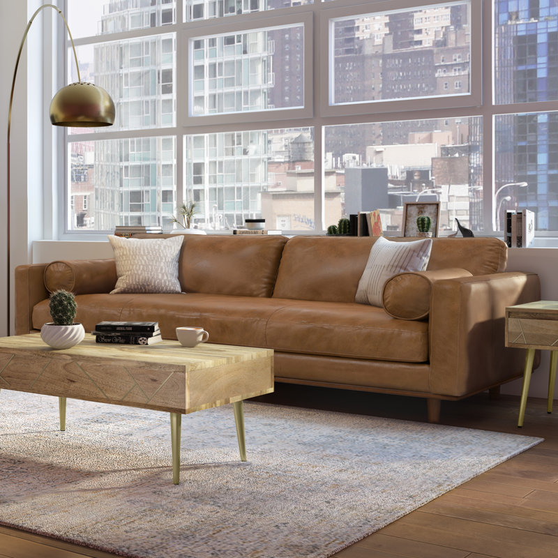 Caramel Brown Genuine Leather Sofa with Removable Cushions