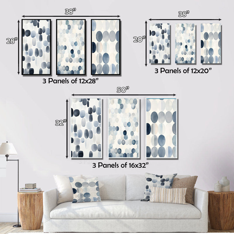 «Circle Matrix Watercolor In Faded Retro Blue», 3 pièces sur toile, Cadre flottant noir, H 20 po x l 36 po