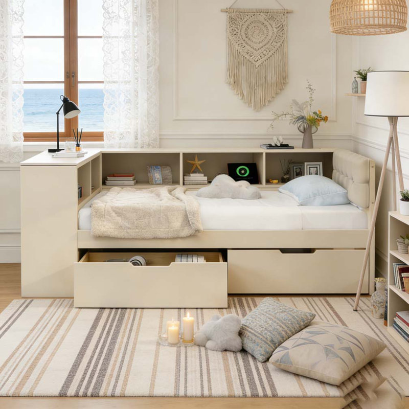 Lit plateforme simple en bois avec tablettes de rangement et tiroirs, Lit simple, Crème