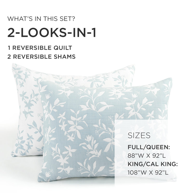 Blue Floral Jacquard Reversible Full/Queen Quilt Set