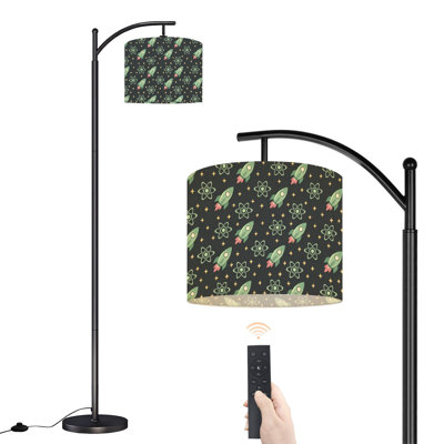 Lampe sur pied arquée avec fusées spatiales rétro, symboles atomiques sans soudure, vert pastel foncé, lumières foncées avec télécommande, abat-jour réglables, grandes lampes debout pour la lecture, salon, bureau