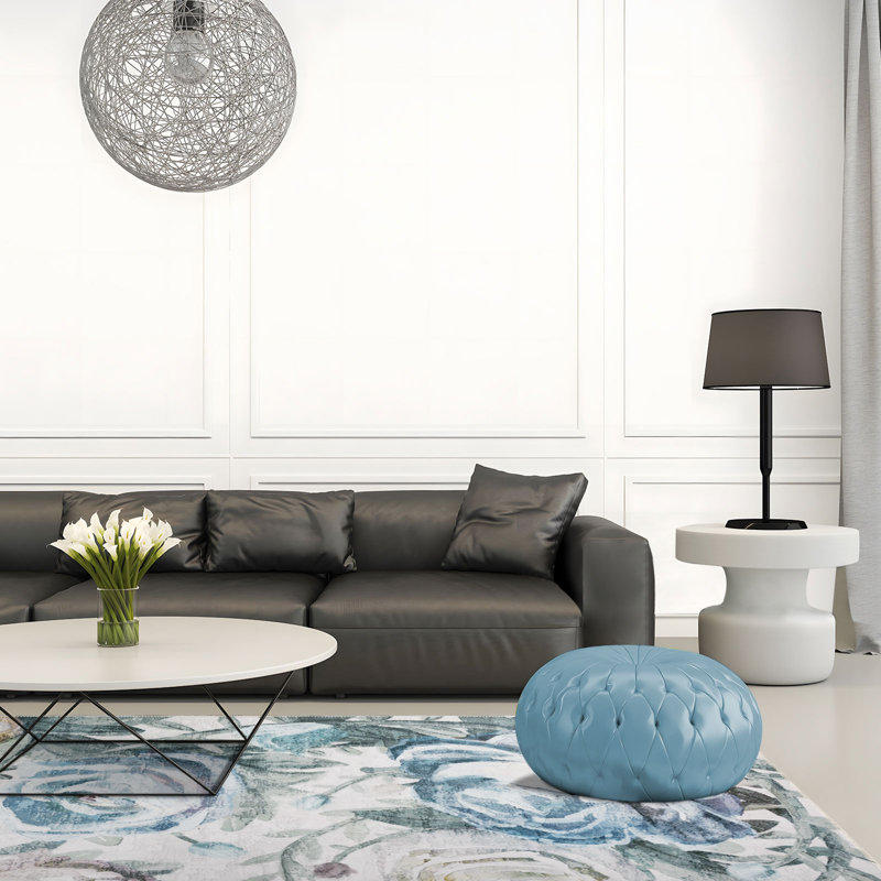 Blue and Ivory Floral Synthetic Washable 5' x 7' Area Rug