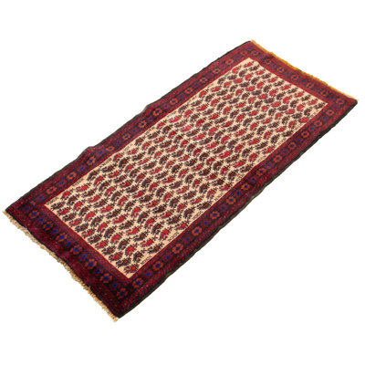 Tapis décoratif en laine de conception unique noué à la main des années 1980 3 pi 2 po x 6 pi 7 po de couleur crème et rouge