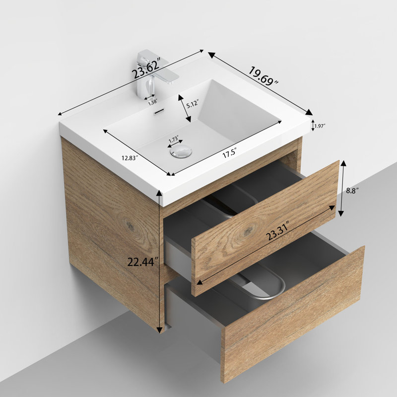 24-Inch Wall-Mounted Floating Bath Vanity In Natural Oak With Single White Solid Surface Sink Top, Natural Oak