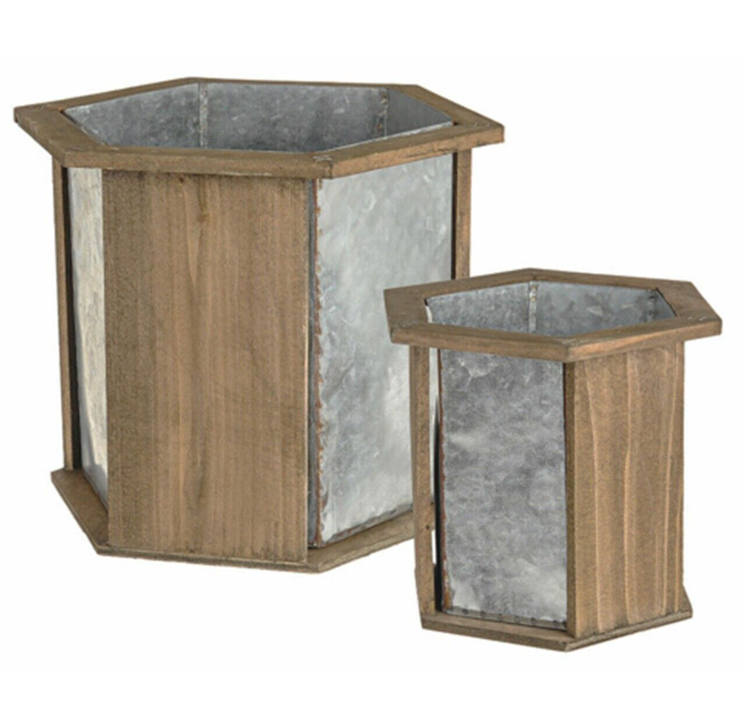 Set Of 2 Rustic Planters Indoor Outdoor Plant Pots Wood & Metal Hexagon Shape