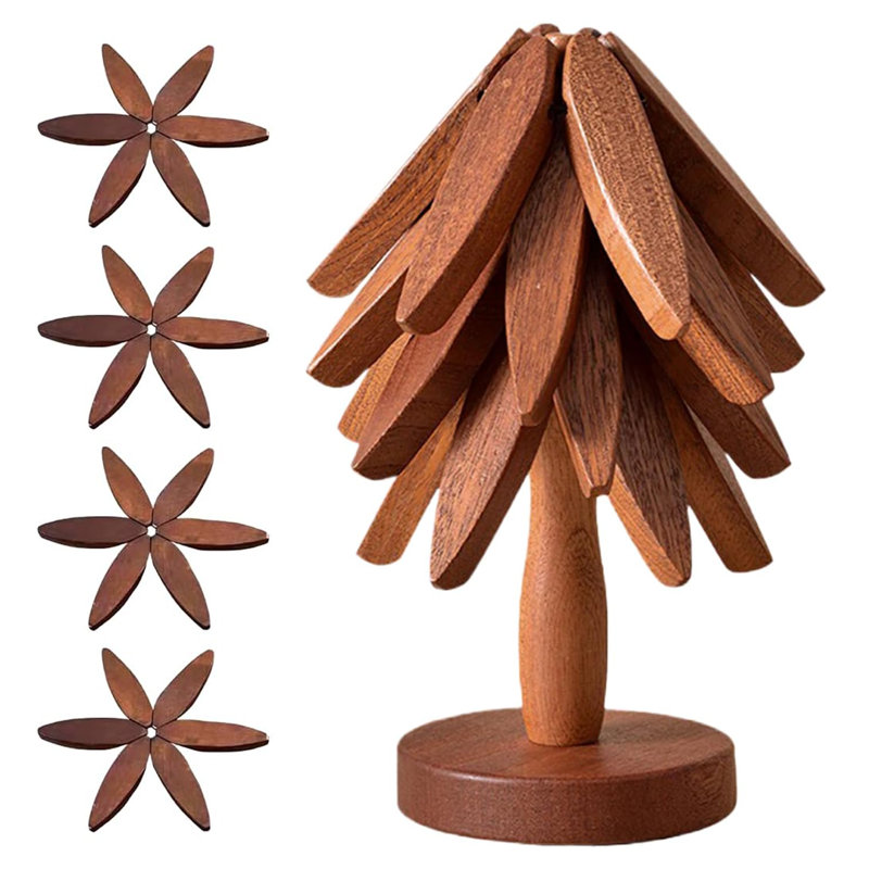 Wooden Trivets for Hot Dishes Walnut Tree Table Mat Set Set of 4 Natural Foldable Wooden Tree Trivet