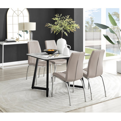 Industrial Design White & Grey Marble Effect Melamine Dining Table Set with 4 Faux Leather Chairs