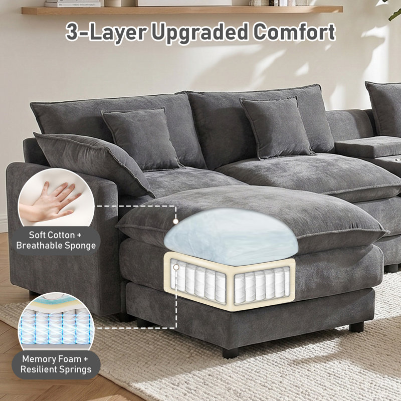 Canapé modulaire surdimensionné en chenille avec console USB et oreillers supplémentaires, Grey Chenille