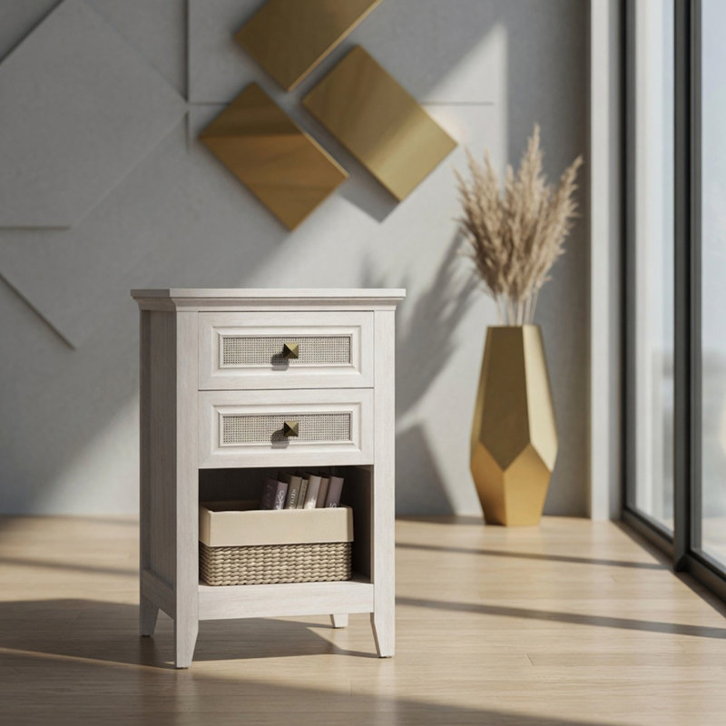 Table de chevet 17,7 po en rotin blanc - table de chevet Boho avec 2 tiroirs et tablette