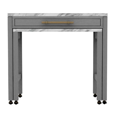 Table de salle à manger à hauteur de comptoir moderne gris, plateau en faux marbre, bois massif, extension coulissante, tiroir doublé de feutre, siège pour 4 tables avec compartiment de rangement en feutre