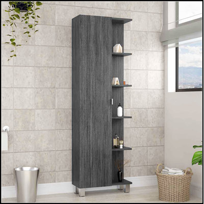 Cabinet d'angle avec cinq tablettes ouvertes pour un rangement et une présentation efficaces, parfait pour les petits espaces et les décors modernes.
