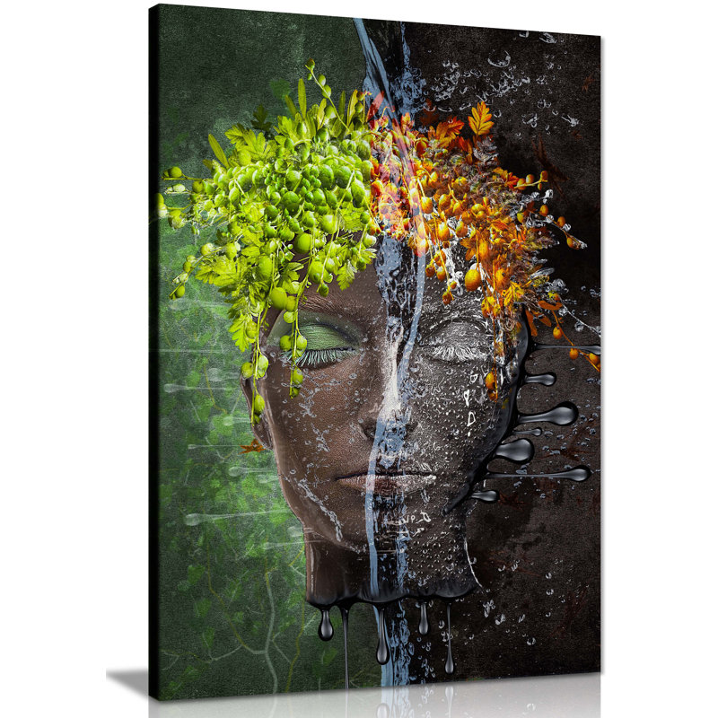 Abstract Woman with Leaves on Head 1 Piece Wrapped Canvas Wall Art, 91cm H x 61cm W x 1.8cm D