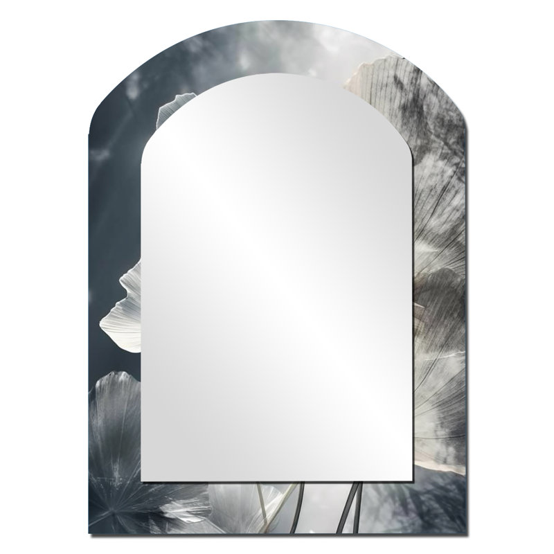 Art tropical palmier pour Ginkgo Art III - miroir mural décoratif asymétrique gris, miroir arqué traditionnel, impression sur métal