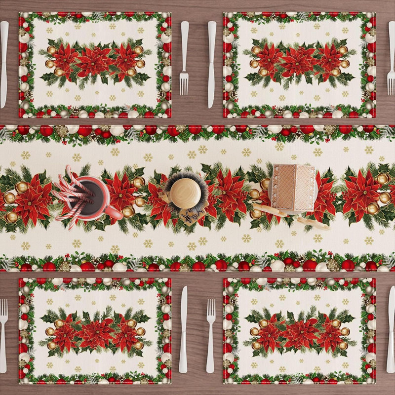 Christmas Poinsettias Leaves Bells Snowflakes Winter Xmas Placemats Set Of 6 Table Mats For Party Home Kitchen Dining Table Decorations