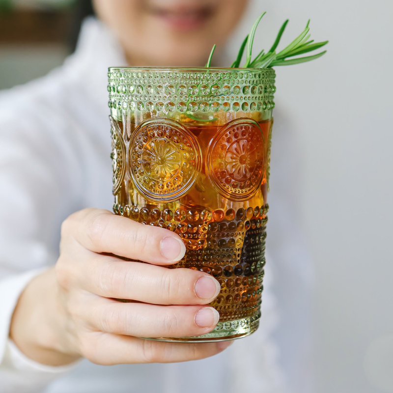 Green Hobnail Beaded Floral Vintage Drinking Glass Set (Set of 6)