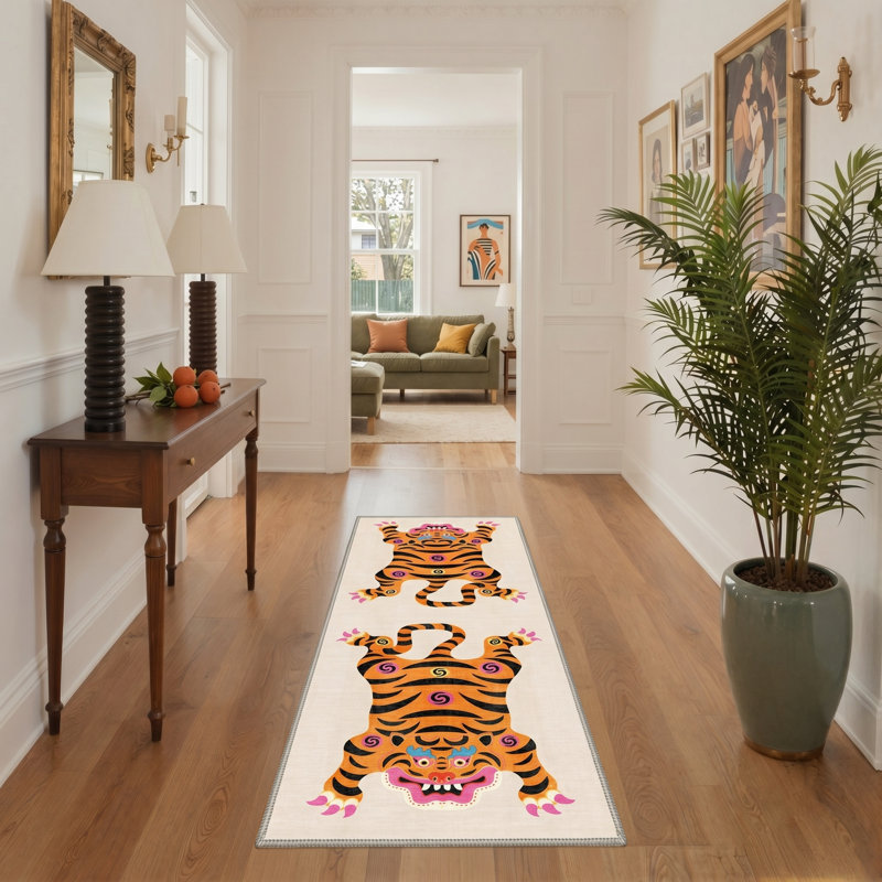 Verdant Animal Print Machine Washable Orange / Black / Beige Indoor Area Rug with Non-Slip Backing, Runner 2' x 7'