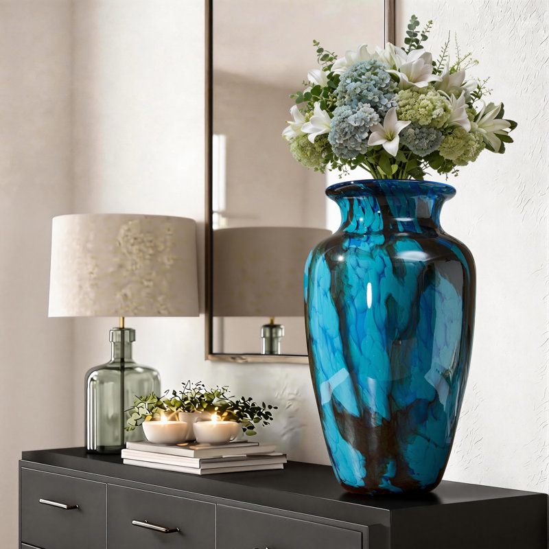 Hand-blown peacock blue feather textured colored glass table Fashionable vase with glazed glass textured wide-mouth decorative floor Modern vase