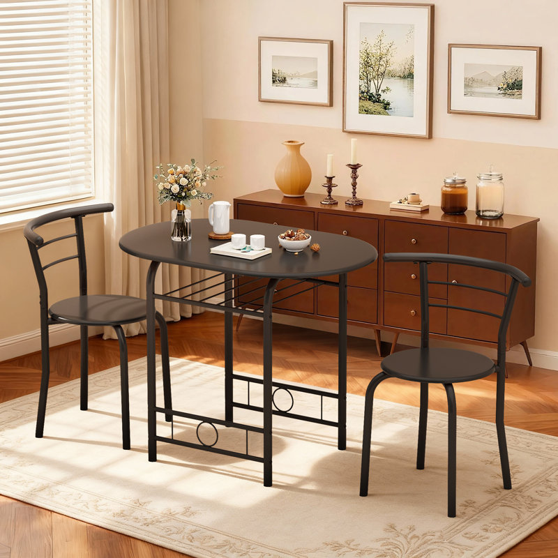 2-Person Dining Set with Storage Shelf, Space-Saving Table & Chairs for Small Spaces, Black