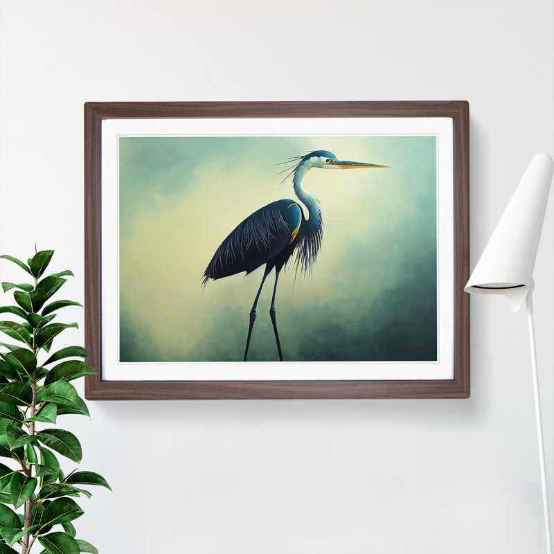Five Star Heron Bird - Single Picture Frame Painting, 34cm H x 46cm W x 2cm D, Walnut