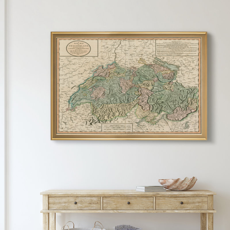 Carte de Suisse rétro-impression d’art graphique sur toile encadrée, H 18,5 po x l 24,5 po x P 1,5 po, Encadrement doré