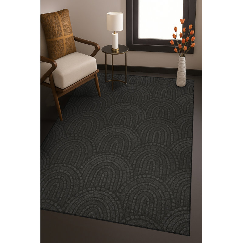 Tapis noir tissé à motif géométrique lavable Mosso, 4'11" x 7'7"