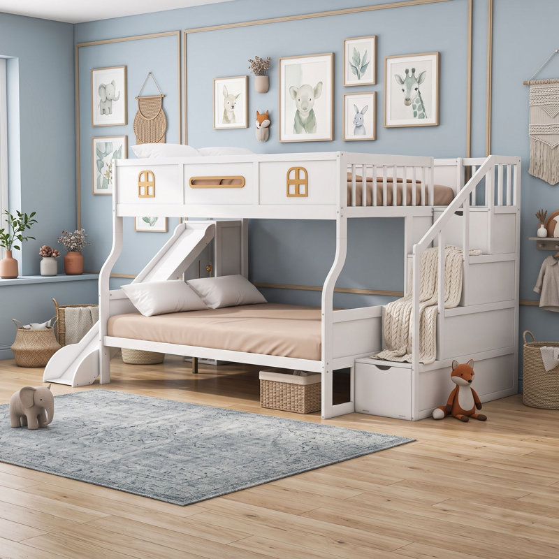 Lit superposé en bois XL + Queen avec glissade, escalier de rangement et étagères, White