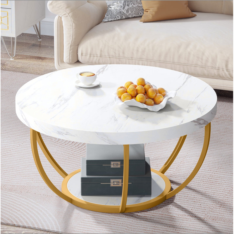 Table basse ronde moderne, table basse à 2 niveaux de 31,7 po avec pieds en faux marbre et métal doré, table d'appoint circulaire pour table de salon