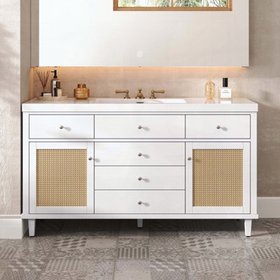 Meuble-lavabo de salle de bain avec lavabo SMC, portes en rotin et tiroirs à fermeture en douceur (3 boîtes)