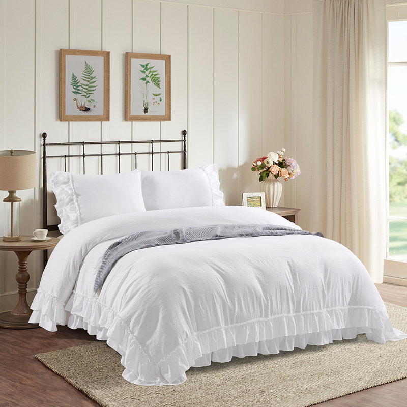 Size 3 Piece Ultra Soft Pre-Washed Duvet Cover Set with Handmade Ruffle Fringe, White, King Duvet Cover + 2 King Shams