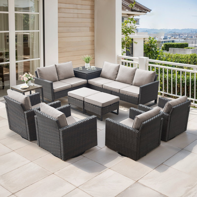 Ensemble de conversation pour l'extérieur en osier pour 9 personnes avec chaises pivotantes et rangement Ingvald, Beige
