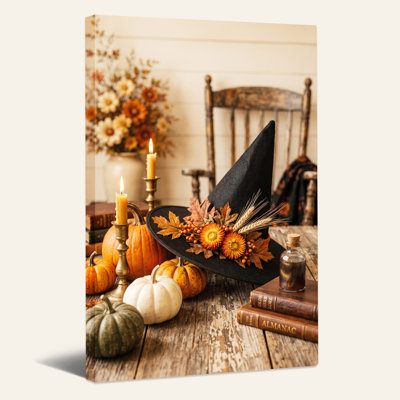 Black Witch Hat With Autumn Leaves And Pumpkins Halloween Canvas Wall Art