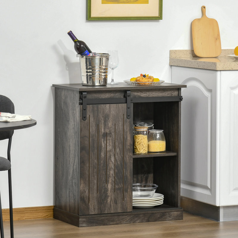 Industrial Wine Cabinet, Sideboard Storage Cabinet, Serving Bar Buffet With Sliding Barn Door And 6-Bottle Wine Rack, Gray
