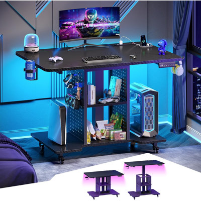 Bureau pour travailler debout électrique réglable en hauteur avec 3 préréglages de mémoire, bureau de jeu de 31,5 po avec multiprise, USB, lumières RVB, tablettes de rangement et panneau perforé, noir