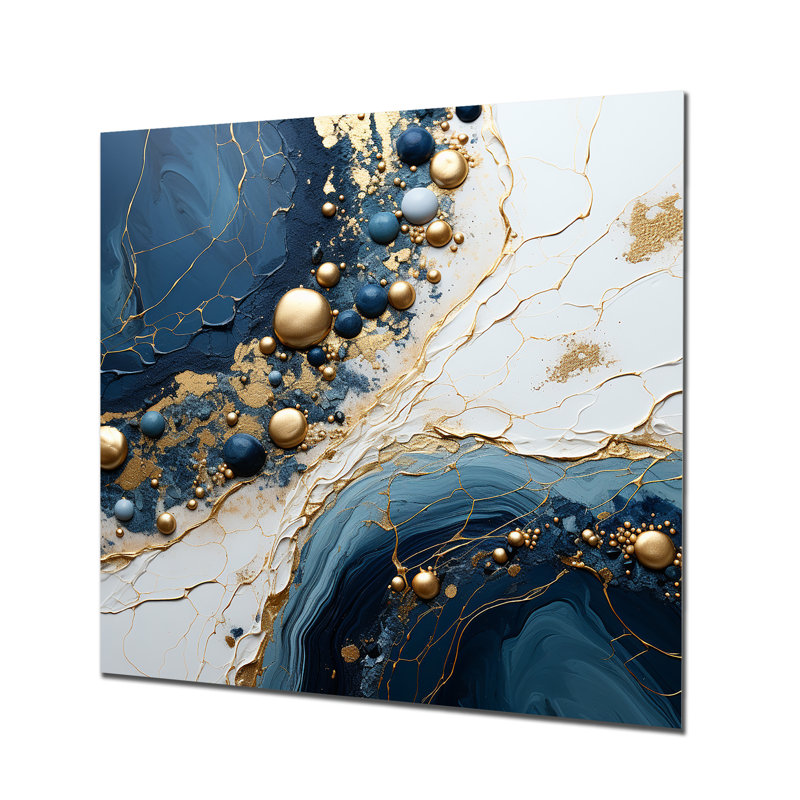 Géode dorée et bleue, liquide Art I - encre liquide, art mural abstrait en métal, H 29 po x l 29 po