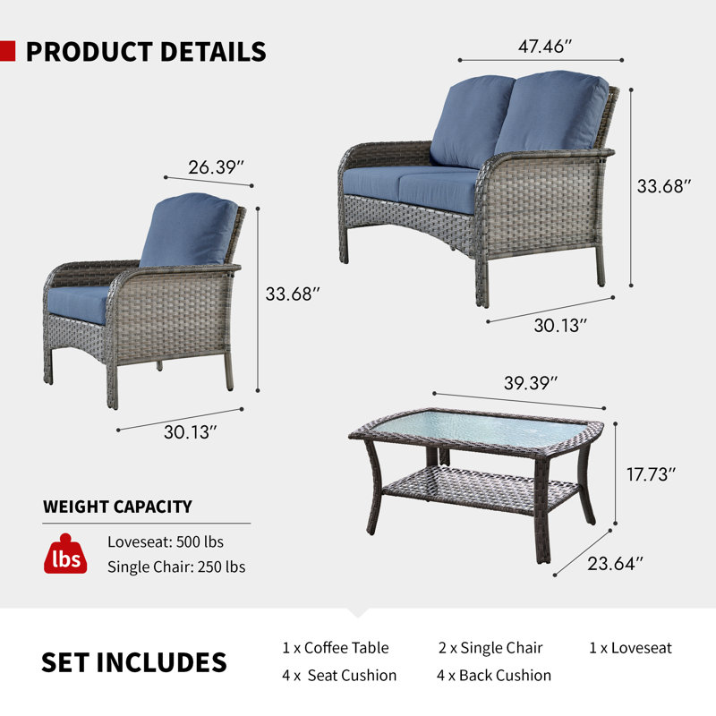 Ensemble de conversation d'extérieur pour 4 personnes avec coussins Allcot, Denim