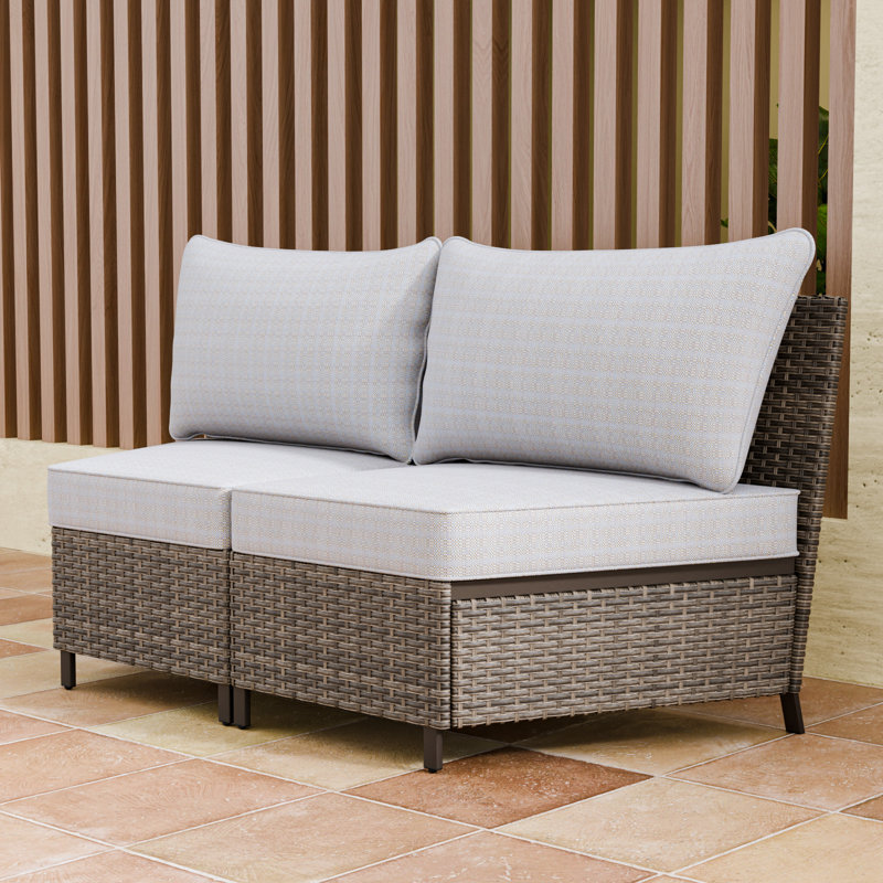 Beige Wicker Armless Outdoor Chairs with Cushions, 2-Piece Set