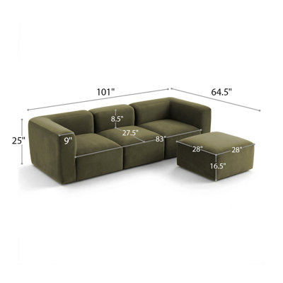 101" Modular L-Shaped Deep Seat Performance Velvet Sectional Sofa with Ottoman, 3-Seater