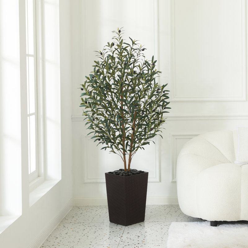 Adcock Faux Olive Tree with UV Protection, 2 Natural Tree Trunks, Large Decorative Potted Olive Tree, Brown